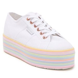 Stripe Print Platform Sneaker in White / Rainbow Pastel